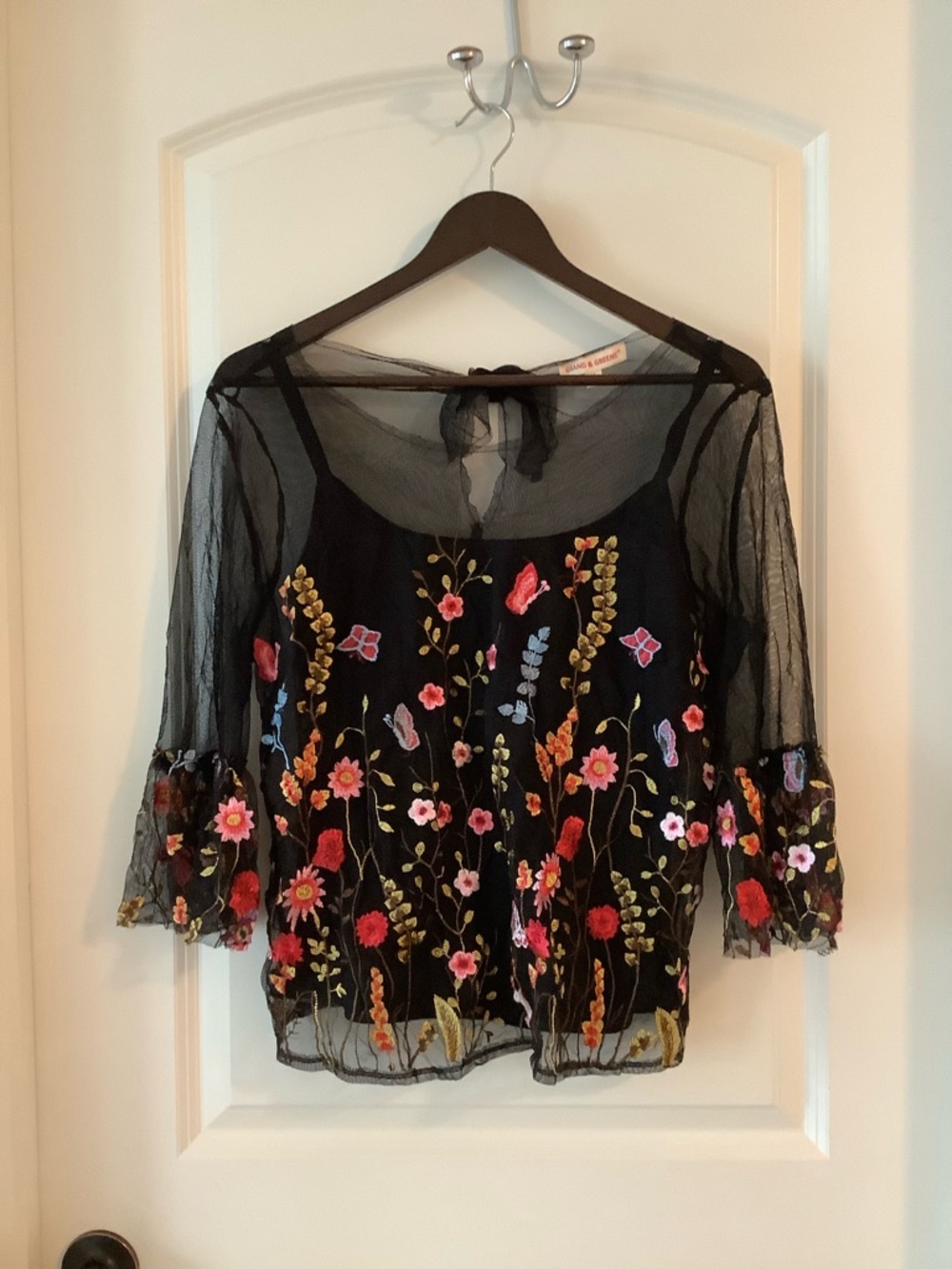 grand & greene Black Sheer Floral Embroidered Blouse with Multicolor Flowers